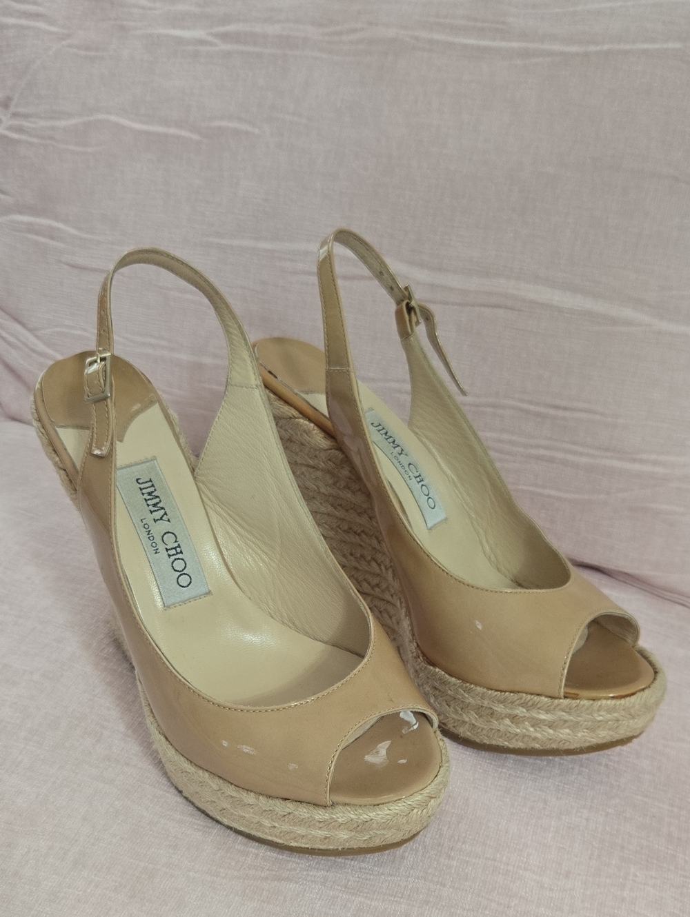 Jimmy Choo Beige Leather Peep-Toe Wedge Espadrilles